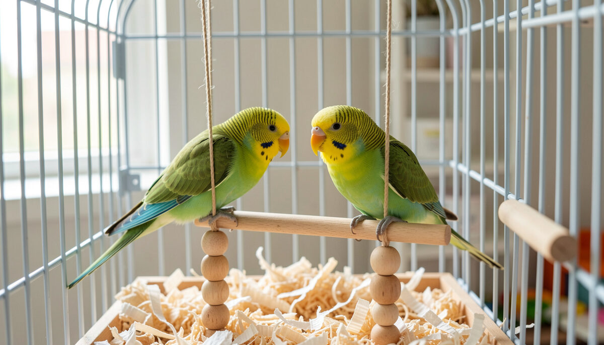 Two budgerigars side by side on a wooden bead perch above a bed of shredded paper in a bright cage