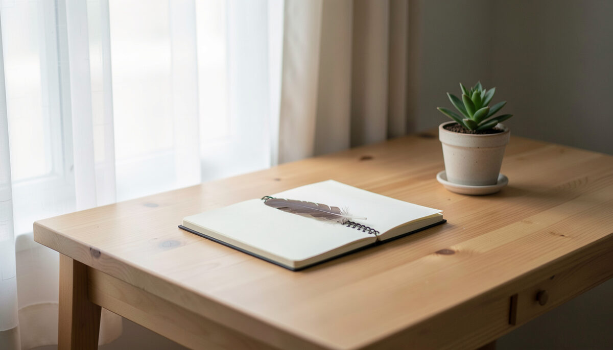 Wooden desk with an open notebook, a pen, a small potted plant and soft daylight from a curtained window
