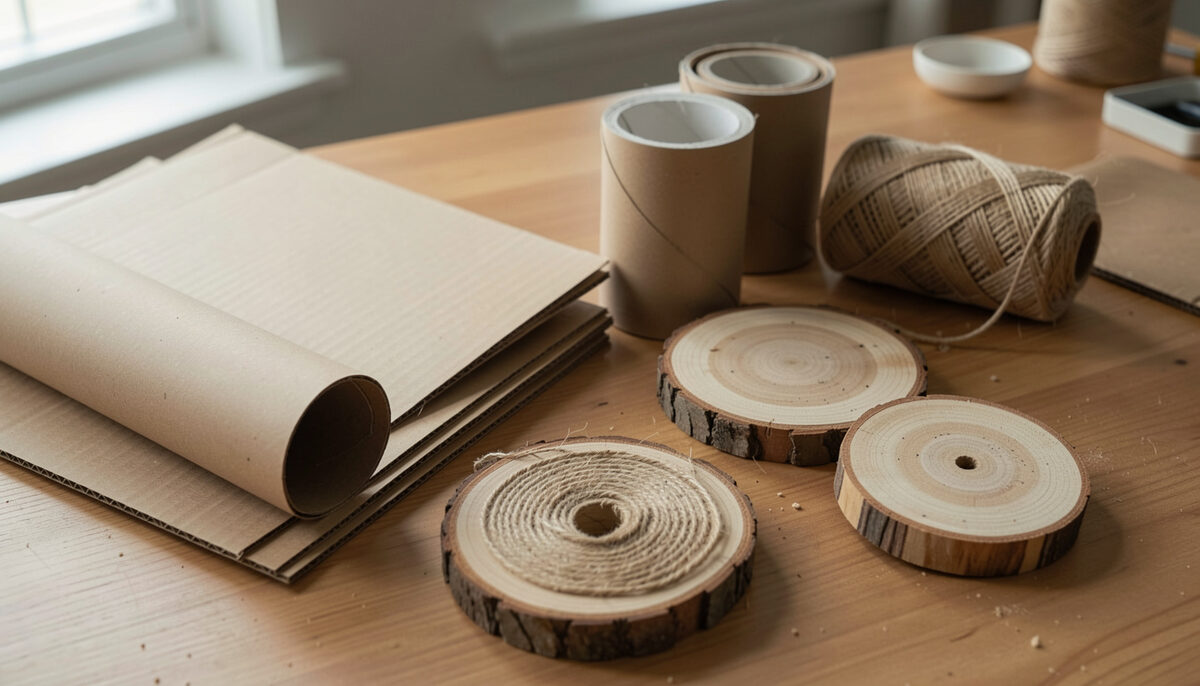 Plain paper rolls, flat cardboard sheets, wooden slices and a ball of sisal twine arranged on a wooden desk