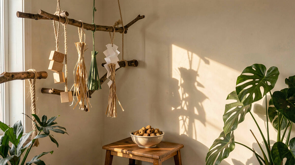 Sunlit home corner with branch perches, hanging paper and palm shredding toys, wooden blocks on sisal rope and a bowl of foraging chunks