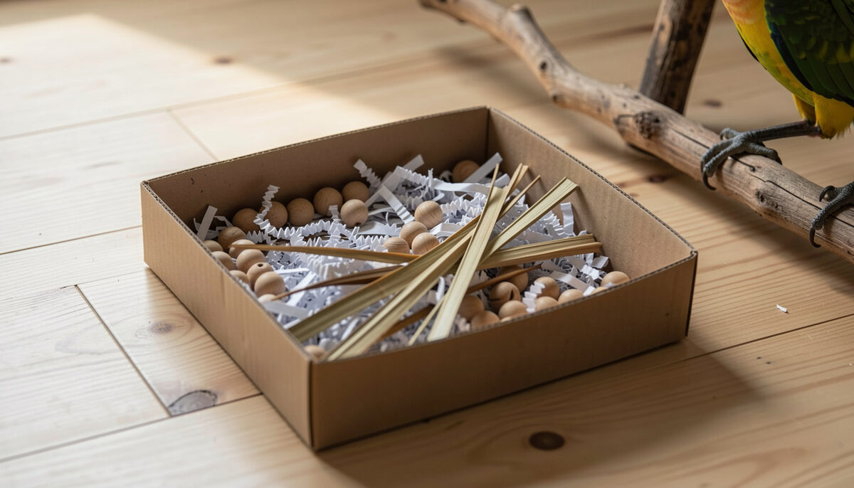Shallow cardboard foraging tray filled with shredded paper, wooden beads and dried palm strips on a light wooden floor
