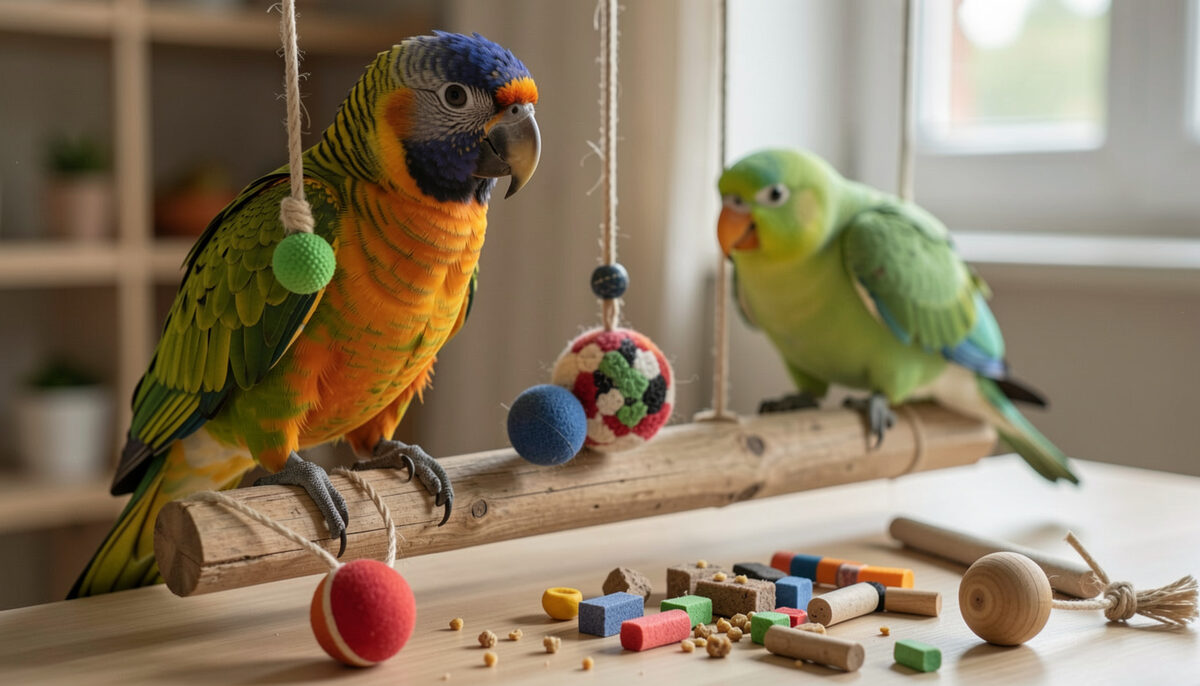 Small green parrot standing on a driftwood perch next to a rope of coloured wooden beads by a window