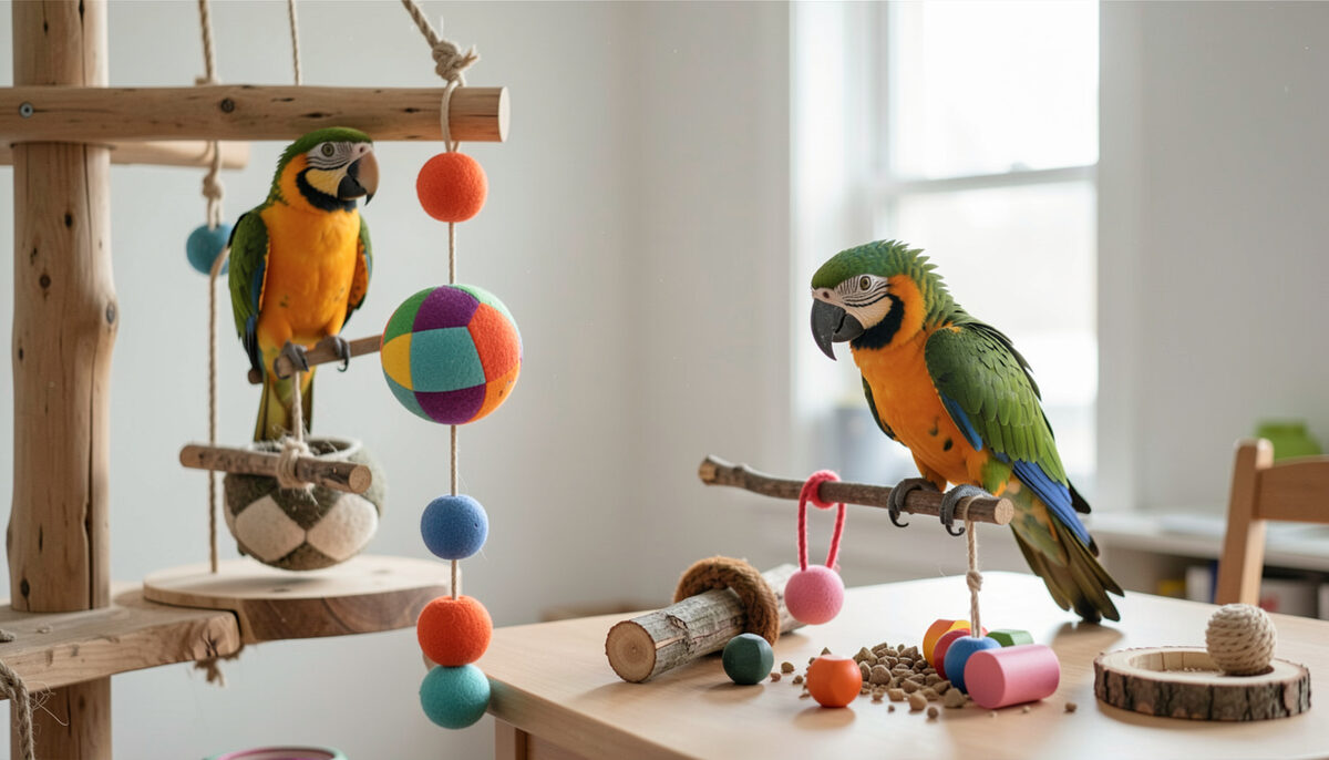 Two parrots on a branch perch above a table of scattered wooden blocks, beads and a shredding ball
