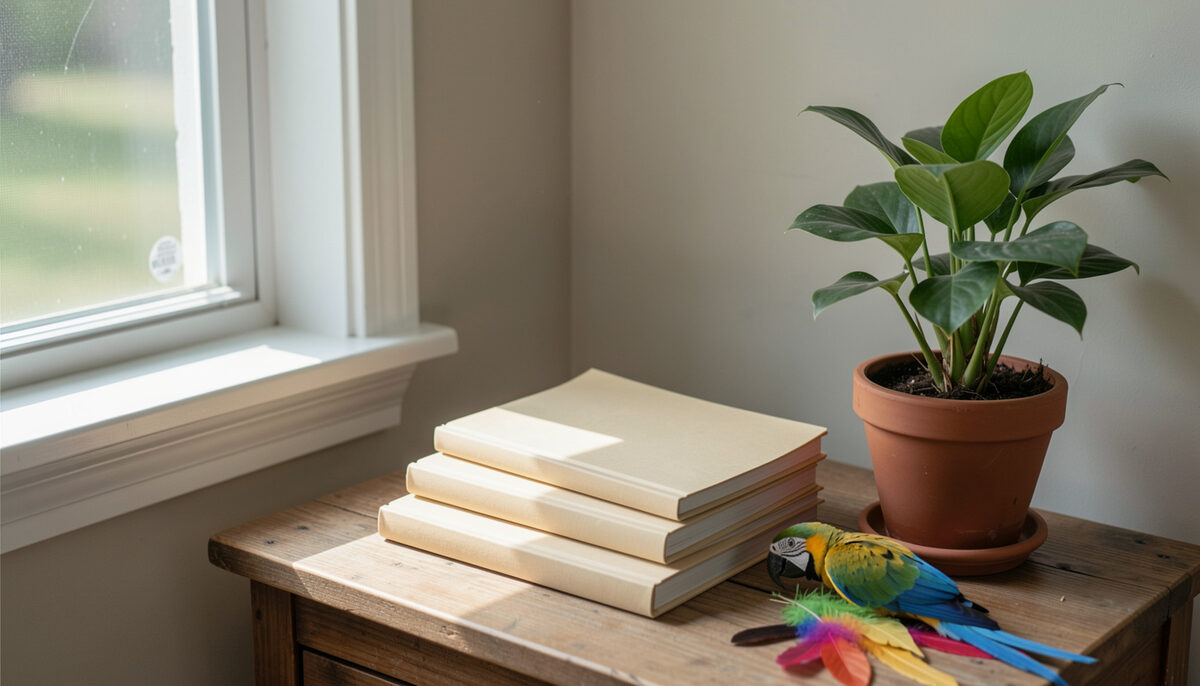 Stack of plain notebooks and a potted plant on a wooden table beside a window, with parrot feathers on the surface