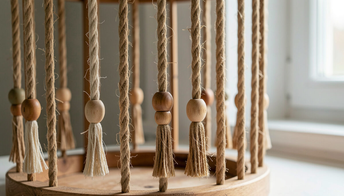 Twisted cotton and sisal ropes hung with wooden beads and neat tassels, ends trimmed and free of fraying