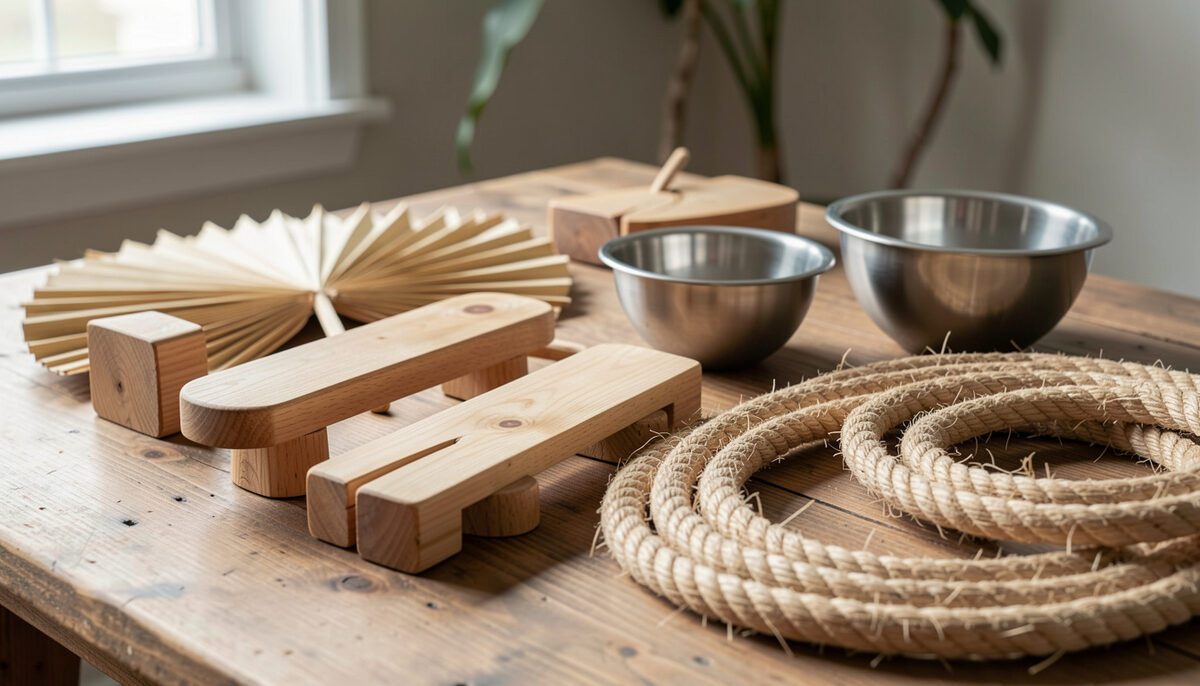 Folded palm fan, untreated wooden blocks, two stainless steel bowls and coils of sisal rope laid out on a table