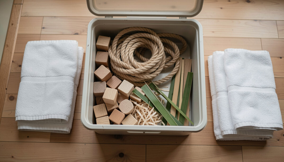 Open storage box seen from above holding sorted wooden blocks, coiled rope, palm strips and paper shreds, folded towels on each side